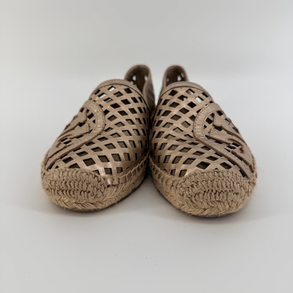 Tory Burch Laser Cut Gold Leather Espadrille Flats - Picture 3 of 5